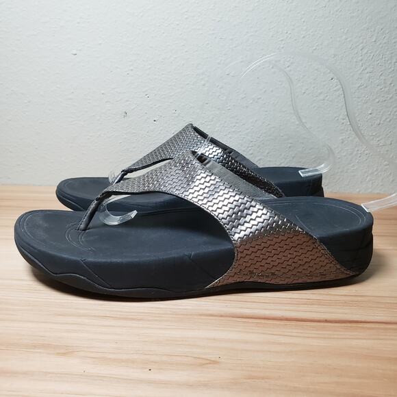 FitFlop Women's 9 Lulu Wedge Flip Flop Sandals Black Silver Comfort Metallic - Picture 3 of 7